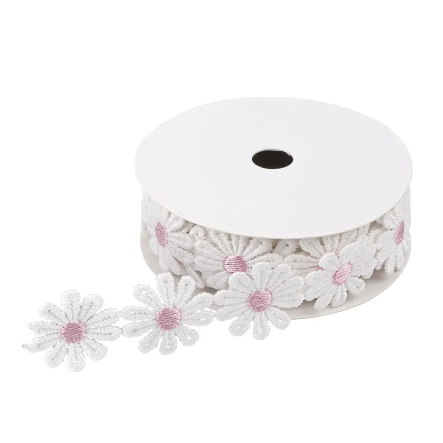Stoffblüten-Band, Margeriten, rosa, 2,5cm breit, 2m lang