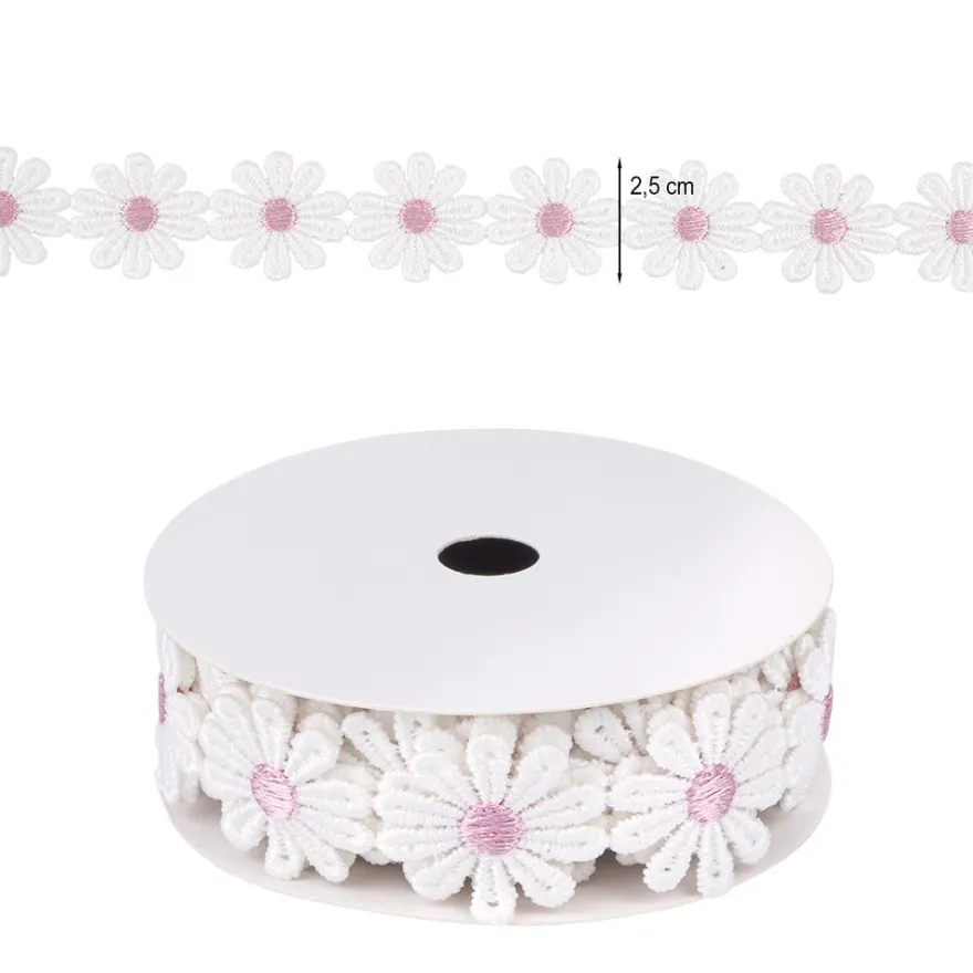 Stoffblüten-Band, Margeriten, rosa, 2,5cm breit, 2m lang