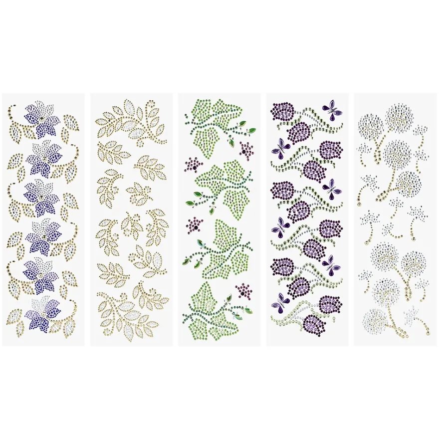 Strass-Ornamente, Blumen & Blätter, mehrfarbig, teilweise mit Veredelung, 5 Bogen