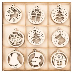 Streu-Deko, Holz, Baumschmuck, 8 Designs, 7x 7 Stück, 1x 14 Stück 1,6mm stark, natur, 63 Teile