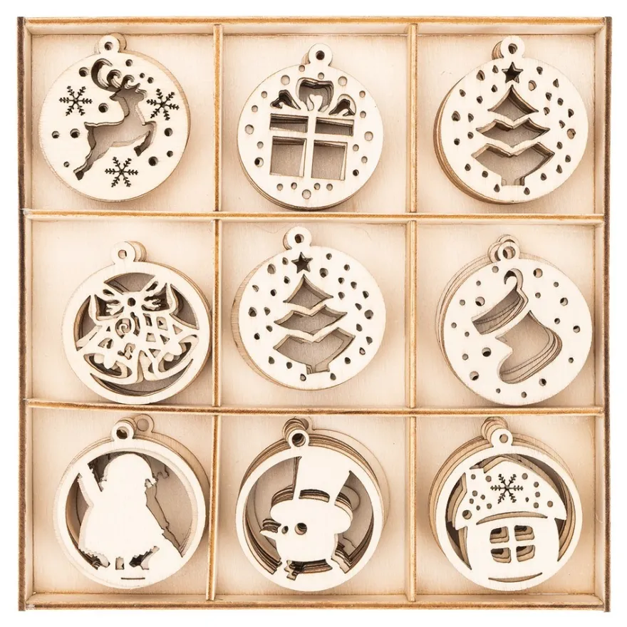 Streu-Deko, Holz, Baumschmuck, 8 Designs, 7x 7 Stück, 1x 14 Stück 1,6mm stark, natur, 63 Teile