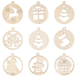Streu-Deko, Holz, Baumschmuck, 8 Designs, 7x 7 Stück, 1x 14 Stück 1,6mm stark, natur, 63 Teile