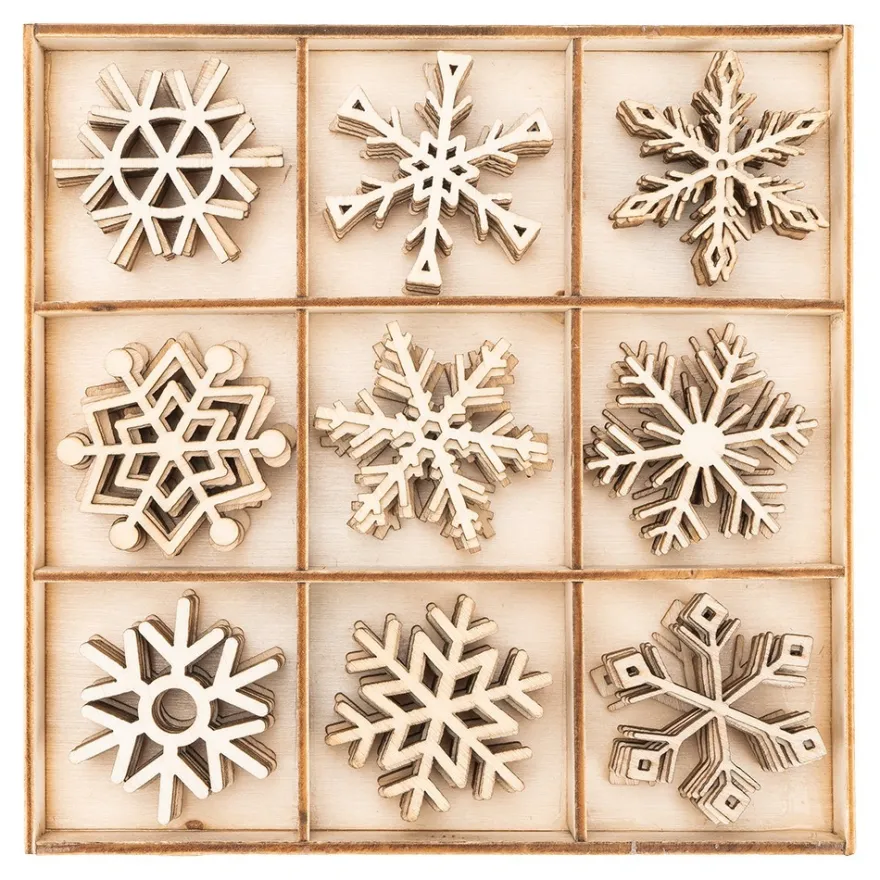 Streu-Deko, Holz, Eiskristalle 2, 9 versch. Designs, je 7 Stück, 1,6mm stark, natur, 63 Teile