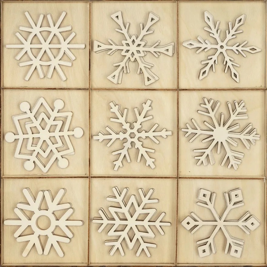 Streu-Deko, Holz, Eiskristalle 2, 9 versch. Designs, je 3 Stück, natur, 27-teilig