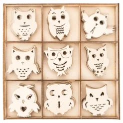 Streu-Deko, Holz, Eulen, 9 versch. Designs, je 7 Stück, 1,6mm stark, natur, 63 Teile
