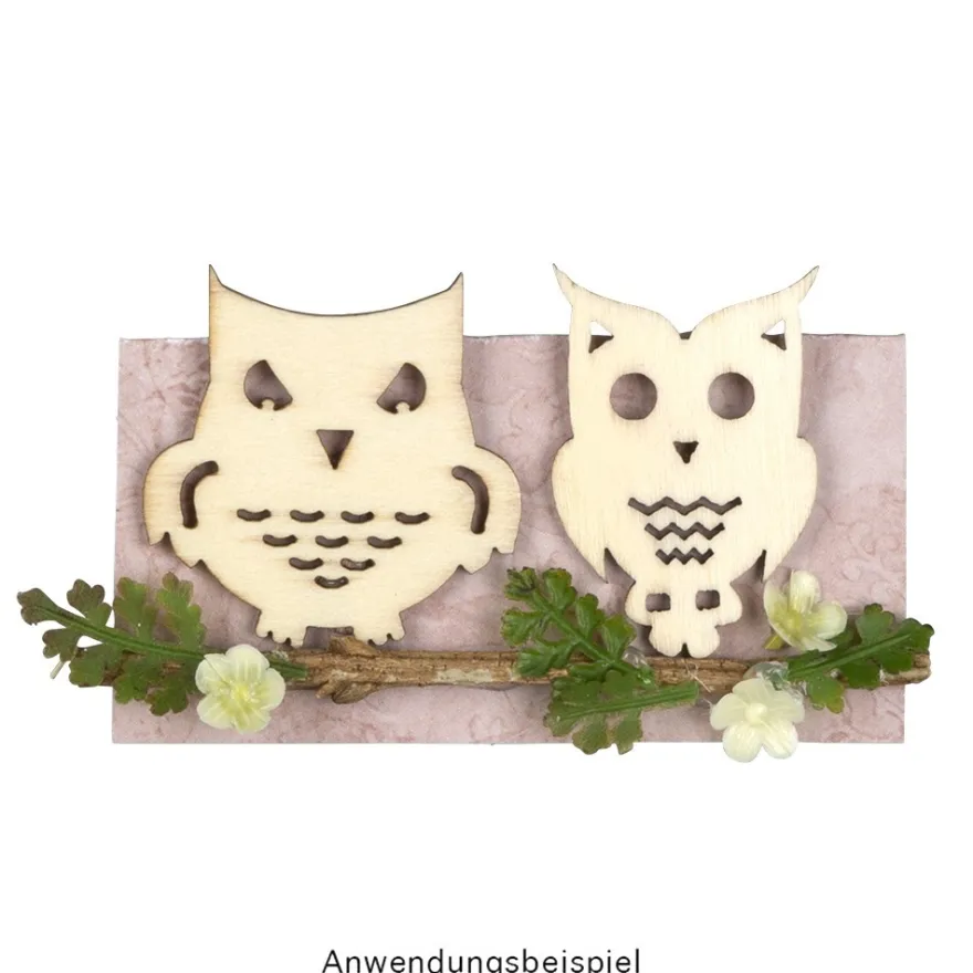 Streu-Deko, Holz, Eulen, 9 versch. Designs, je 7 Stück, 1,6mm stark, natur, 63 Teile