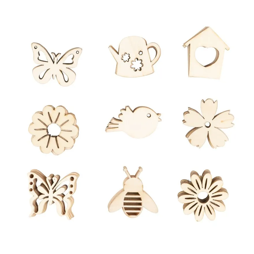 Streu-Deko, Holz, Frühling, 9 versch. Designs, je 6 Stück, 54-teilig