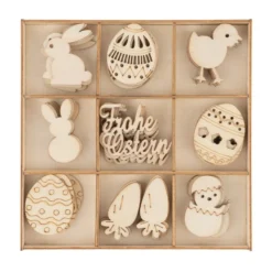 Streu-Deko, Holz, Frohe Ostern, 9 versch. Designs, je 6 Stück, 54-teilig