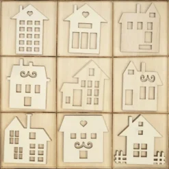 Streu-Deko, Holz, Häuser 2, 9 versch. Designs, je 3 Stück, natur, 27-teilig