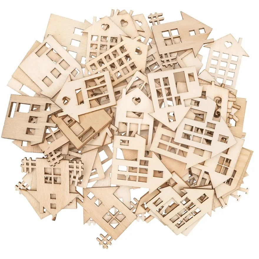 Streu-Deko, Holz, Häuser 2, 9 versch. Designs, je 7 Stück, 1,6mm stark, natur, 63 Teile
