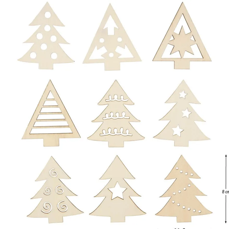 Streu-Deko, Holz, Tannenbäume, 9 versch. Designs, je 3 Stück, 8cm groß, 1mm stark, natur, 27-teilig