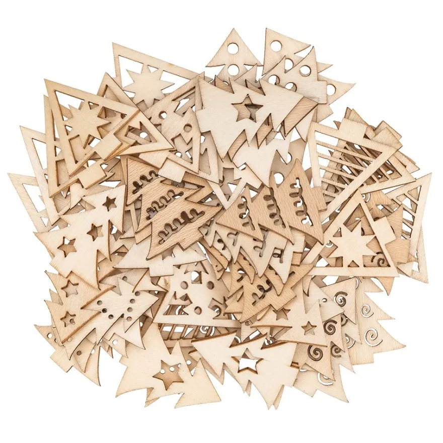Streu-Deko, Holz, Tannenbäume, 9 versch. Designs, je 7 Stück, 1,6mm stark, natur, 63 Teile