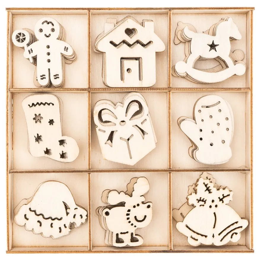 Streu-Deko, Holz, Weihnachten, 9 versch. Designs, je 7 Stück, 1,6mm stark, natur, 63 Teile