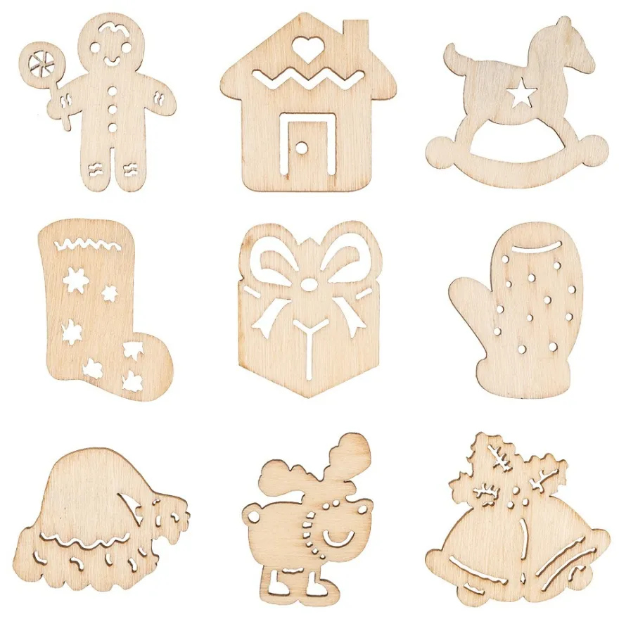 Streu-Deko, Holz, Weihnachten, 9 versch. Designs, je 7 Stück, 1,6mm stark, natur, 63 Teile