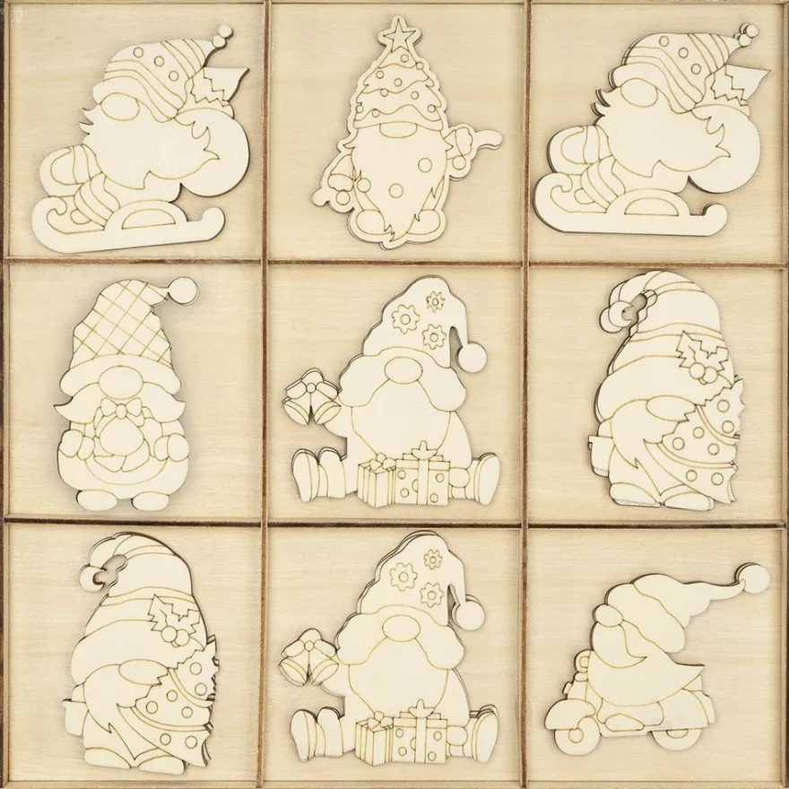 Streu-Deko, Holz, Wichtel, 6 versch. Designs, 3x 3 Stück, 3x 6 Stück 1mm stark, natur, 27 Teile