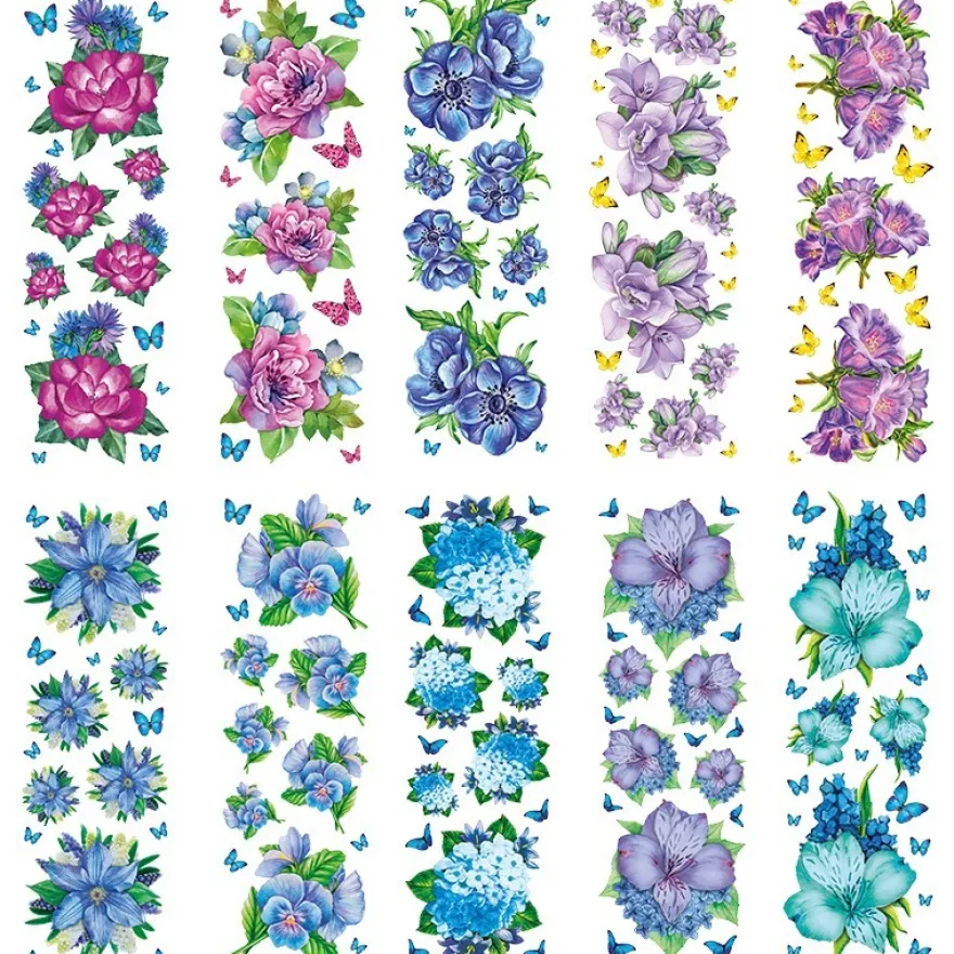 Transparent-Stickerbogen, Blumen in Blau-Violett, 10cm x 30cm, 10 Bogen