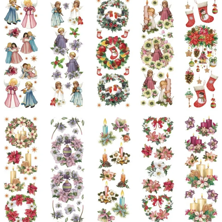 Transparent-Stickerbogen, Engel & weihnachtliche Floristik, versch. Designs, 10cm x 30cm, 10 Bogen