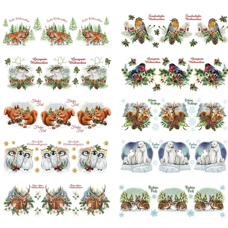 Transparent-Stickerbogen, Tiere im Winter, verschiedene Designs, 10cm x 30cm, 10 Bogen