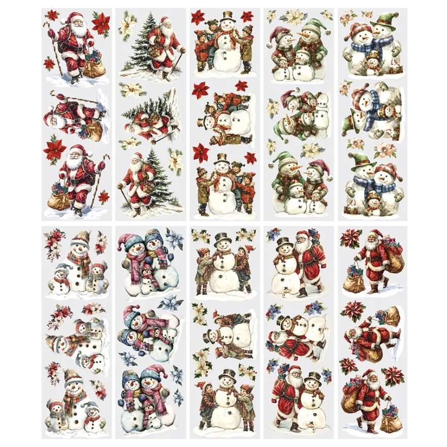 Transparent-Sticker, Schnee-& Weihnachtsmänner, verschiedene Designs, 10cm x 30cm, 10 Bogen