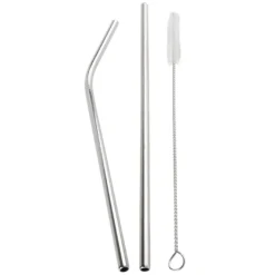 Trinkhalme aus Edelstahl, Ø 0,6cm, 20,5cm lang, 12 gerade & 12 gebogene, 2 Bürsten, 26-teilig