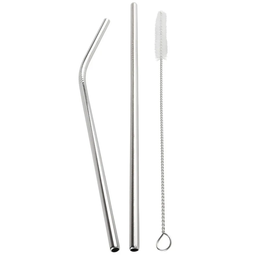 Trinkhalme aus Edelstahl, Ø 0,6cm, 20,5cm lang, 12 gerade & 12 gebogene, 2 Bürsten, 26-teilig