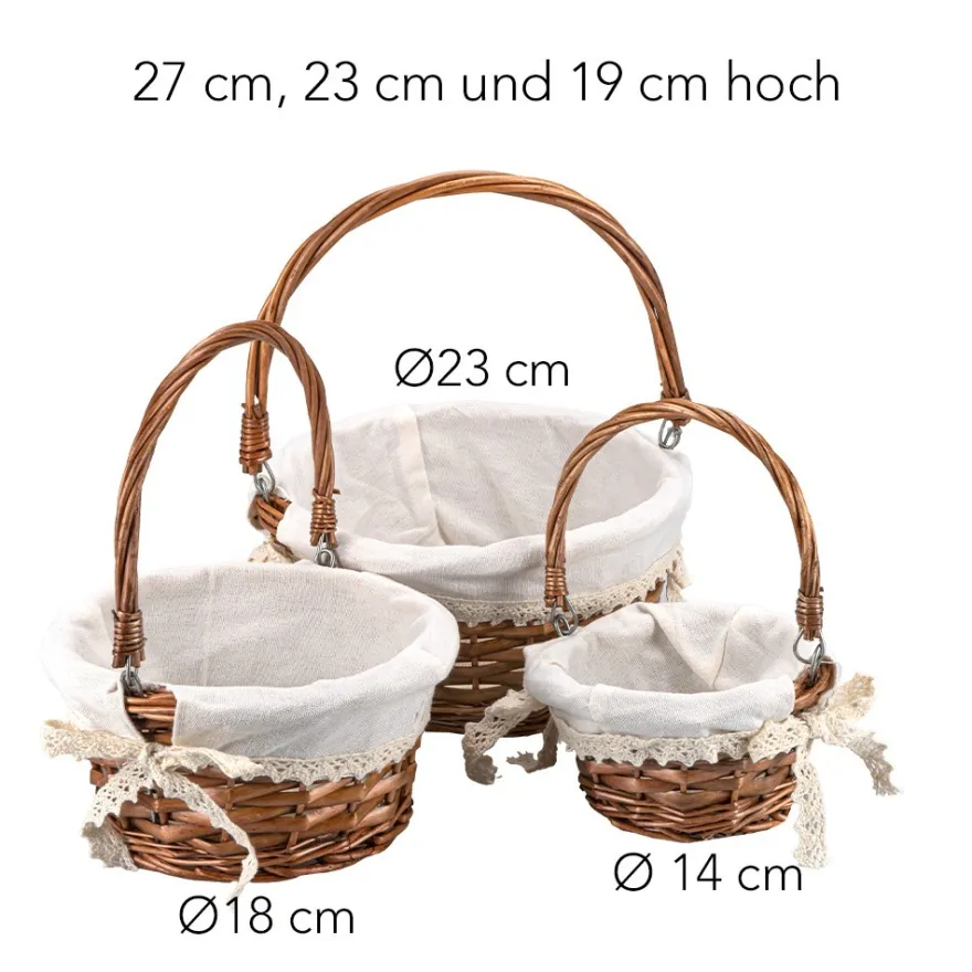 Weidenkörbe, 3 Größen, braun mit naturweißem Stoff, Henkel klappbar, 3 Stück