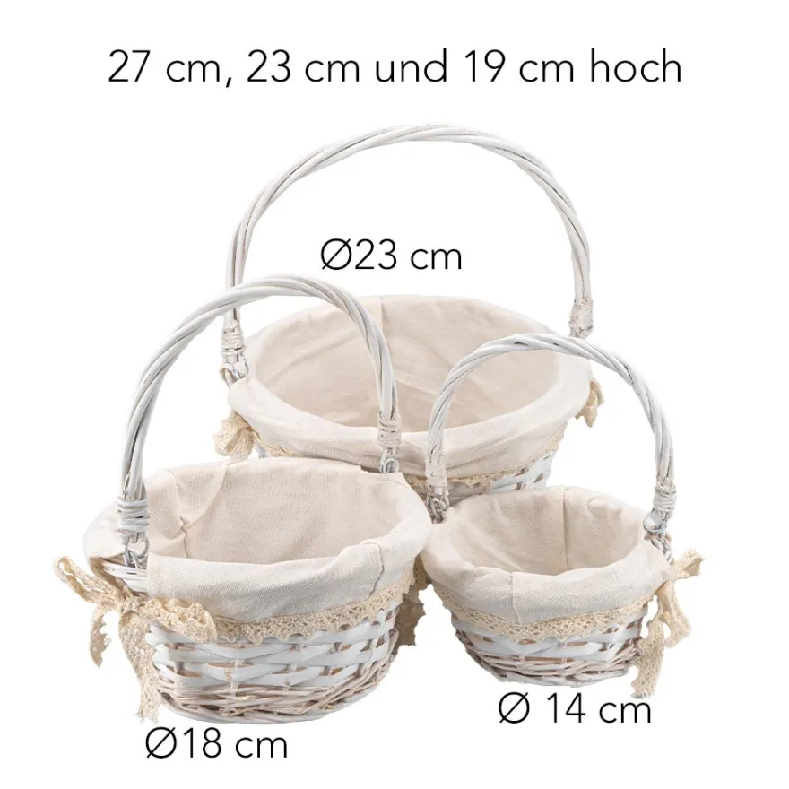 Weidenkörbe, 3 Größen, weiß mit naturweißem Stoff, Henkel klappbar, 3 Stück