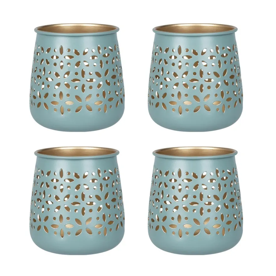 Windlichter mit Blumen-Ornamentik, 9,5cm hoch, petrol, 4 Stück