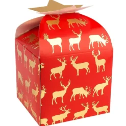 Zier-Faltboxen, Rentier, 11cm x 11cm x 10cm, rot mit Goldfolienveredelung, 10 Stück